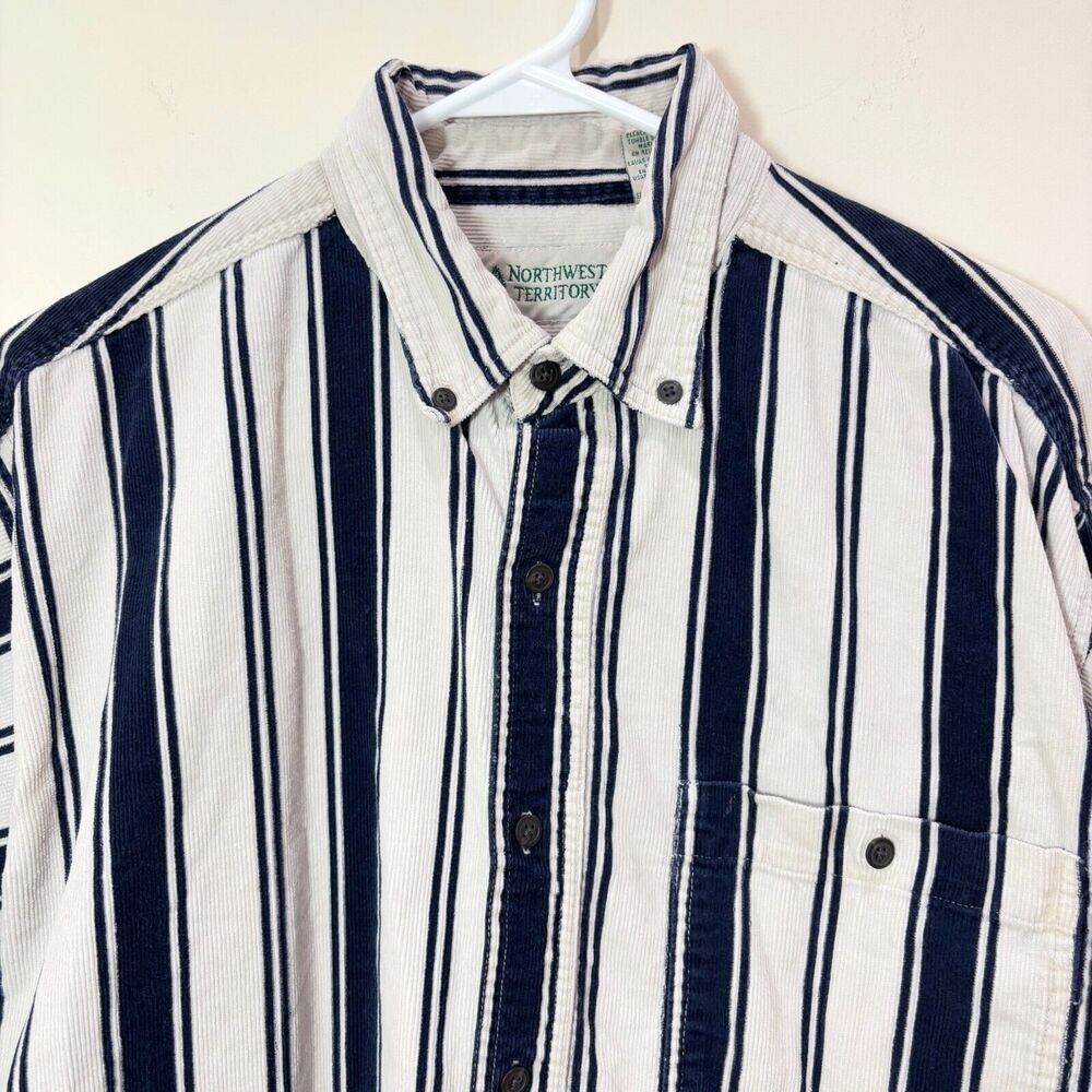 VTG 90s Northwest Territory Mens M Striped Navy Corduroy Button Up Shirt Dad Y2K - Picture 2 of 9